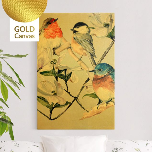 Leinwandbild Gold - Bunte Vögel auf einem Magnolienast I - Hochformat 2:3