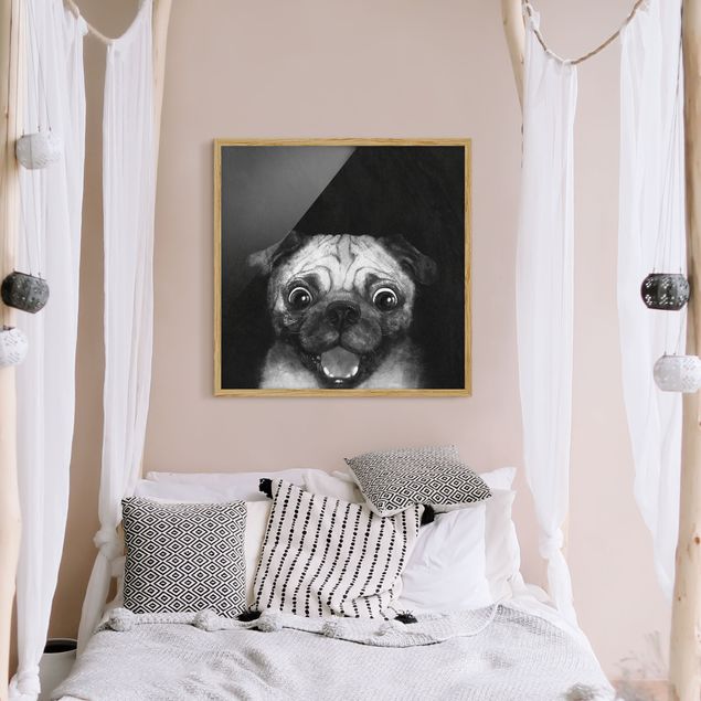 Kunstdrucke mit Rahmen Illustration Hund Mops Malerei auf Schwarz Weiß