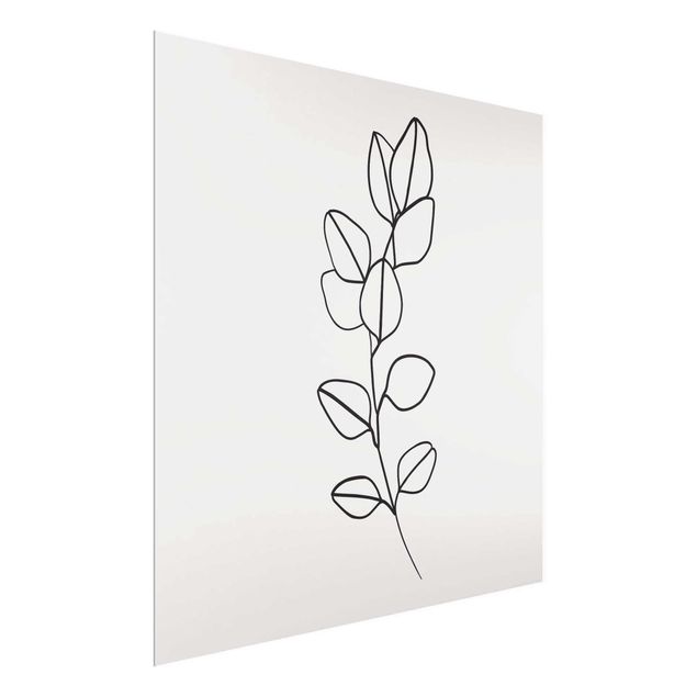 Glasbild - Line Art Zweig Blätter Schwarz Weiß - Quadrat 1:1