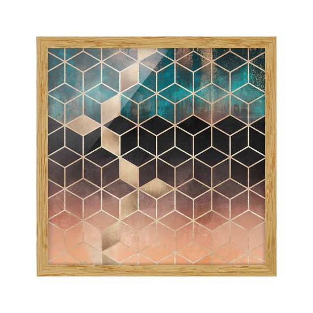 Kunstdrucke mit Rahmen Türkis Rosé goldene Geometrie