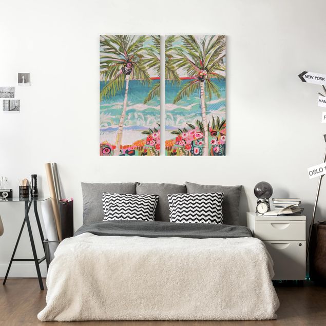 Kunstdrucke auf Leinwand Palme mit pinken Blumen Set I