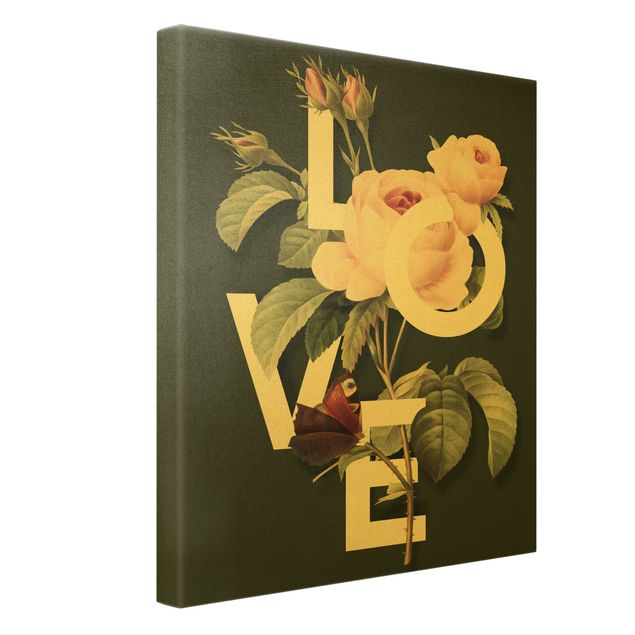 Leinwandbild Gold - Florale Typografie - Love - Hochformat 3:4