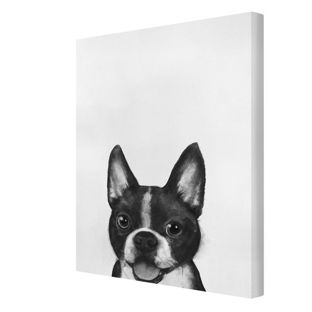 Leinwandbild - Illustration Hund Boston Schwarz Weiß Malerei - Hochformat 4:3
