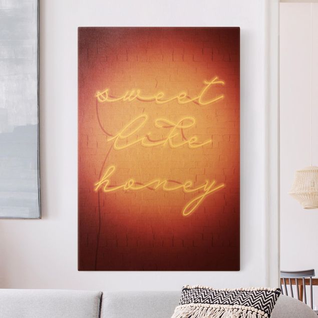 Leinwandbild Gold - Neon Schriftzug - sweet like honey - Hochformat 2:3