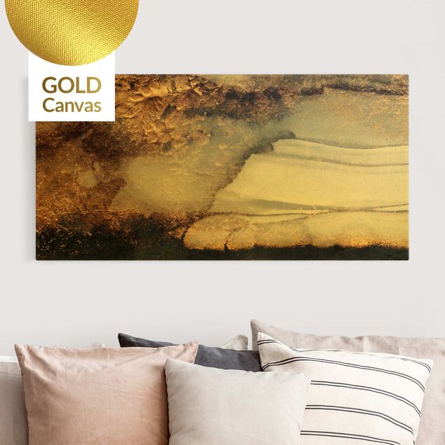 Leinwandbild Gold - Goldener Marmor gemalt - Querformat 2:1