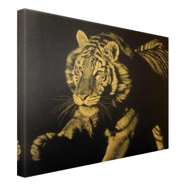 Leinwandbild Gold - Tiger im Sonnenlicht vor Schwarz - Querformat 4:3