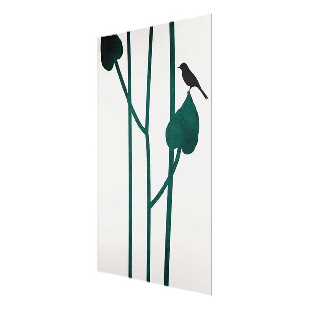 Glas Wandbilder Grafische Pflanzenwelt - Vogel auf Blatt
