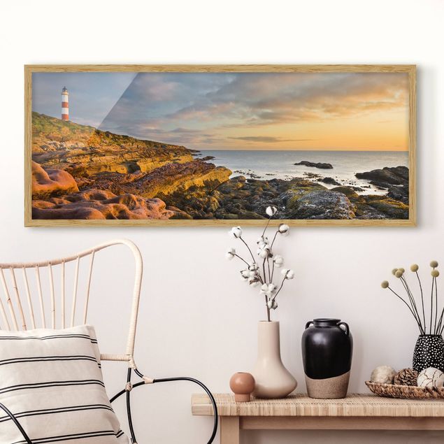 Landschaftsbilder mit Rahmen Tarbat Ness Leuchtturm und Sonnenuntergang am Meer