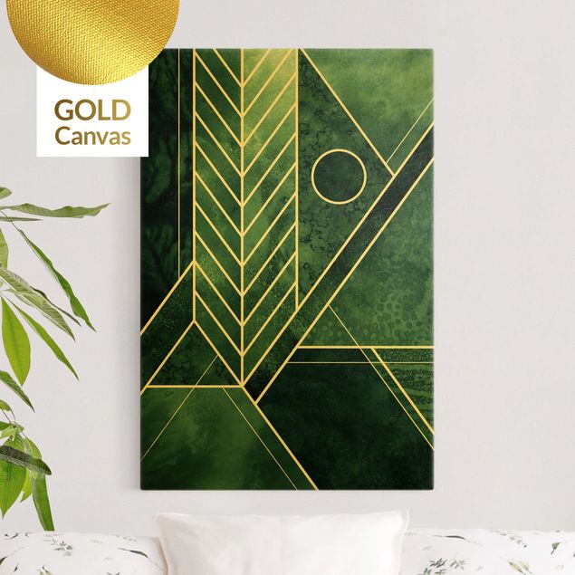 Leinwandbild Gold - Goldene Geometrie - Smaragd - Hochformat 2:3