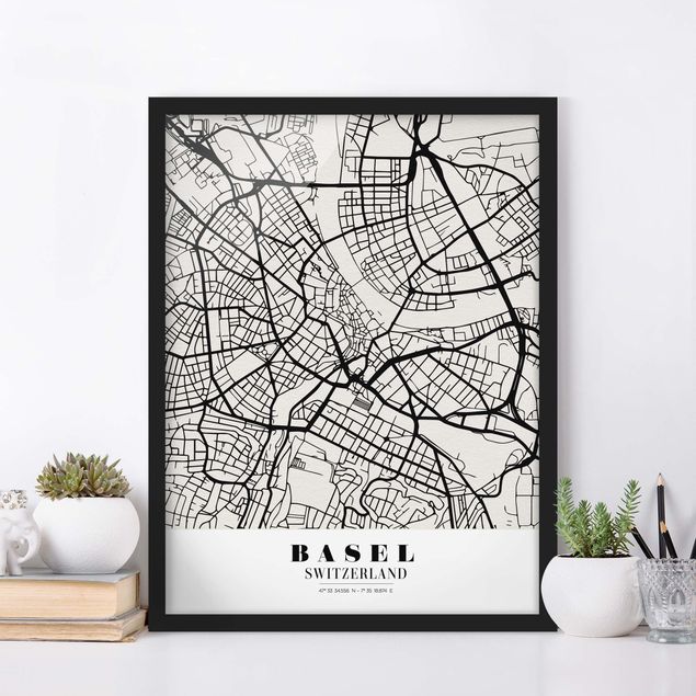 Schwarz-Weiß Bilder mit Rahmen Stadtplan Basel - Klassik