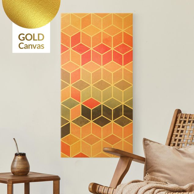 Leinwandbild Gold - Goldene Geometrie - Buntes Pastell - Hochformat 1:2