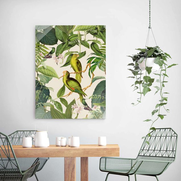 Glasbild Blumen Vintage Collage - Papageien im Dschungel