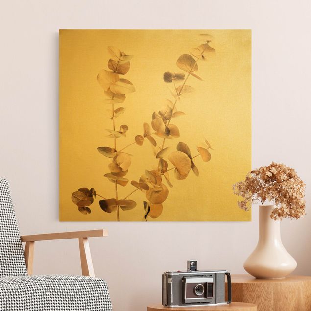 Leinwandbild Gold - Goldene Eukalyptuszweige - Quadrat 1:1