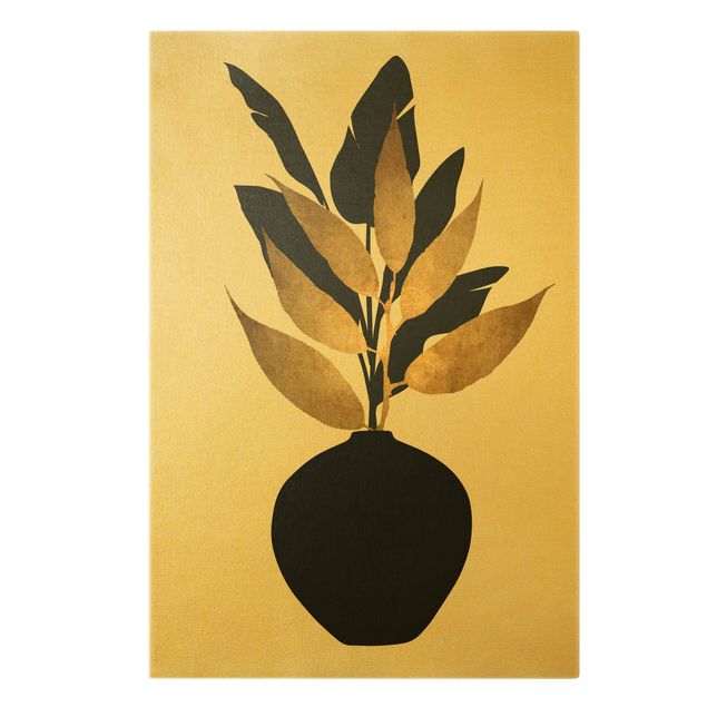 Moderne Leinwandbilder Wohnzimmer Grafische Pflanzenwelt - Gold und Schwarz