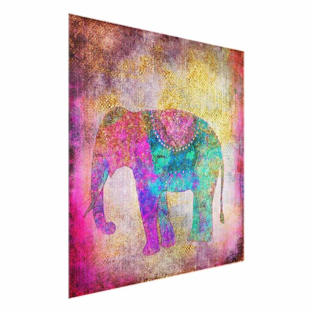 Glasbild Buddha Bunte Collage - Indischer Elefant