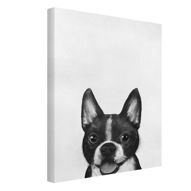Leinwandbild - Illustration Hund Boston Schwarz Weiß Malerei - Hochformat 4:3