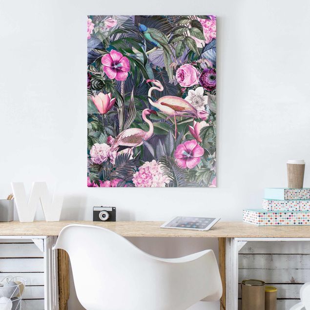 Glasbild Blumen Bunte Collage - Pinke Flamingos im Dschungel