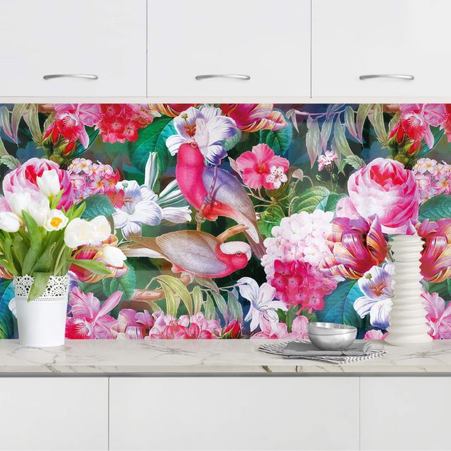 Küchenrückwand Gräser Bunte Tropische Blumen mit Vögeln Pink I