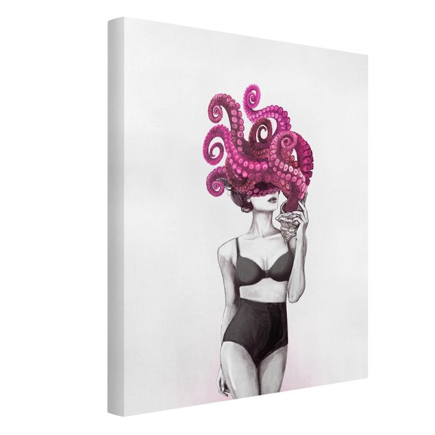 Wandbilder Tiere Illustration Frau in Unterwäsche Schwarz Weiß Oktopus