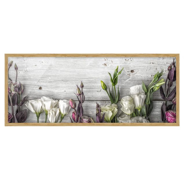 Bild mit Rahmen - Tulpen-Rose Shabby Holzoptik - Panorama Querformat