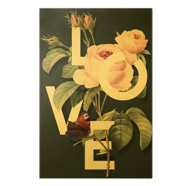 Leinwandbild Gold - Florale Typografie - Love - Hochformat 2:3