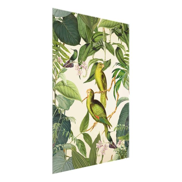 Glasbilder Natur Vintage Collage - Papageien im Dschungel