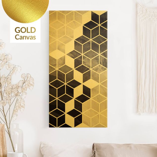 Leinwandbild Gold - Goldene Geometrie - Schwarz Weiß - Hochformat 1:2