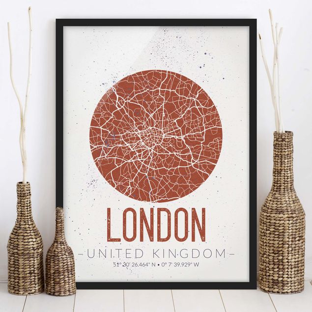 Gerahmte Bilder Schwarz-Weiß Stadtplan London - Retro
