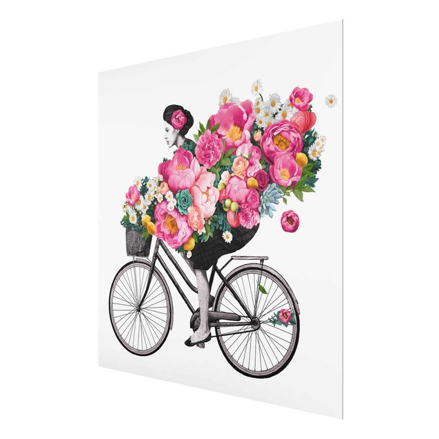 Bilder auf Glas Illustration Frau auf Fahrrad Collage bunte Blumen