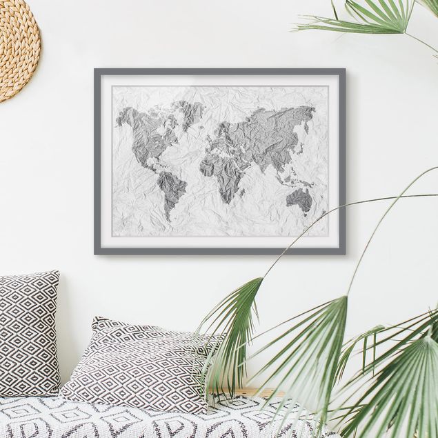 Weltkarten mit Rahmen Papier Weltkarte Weiß Grau