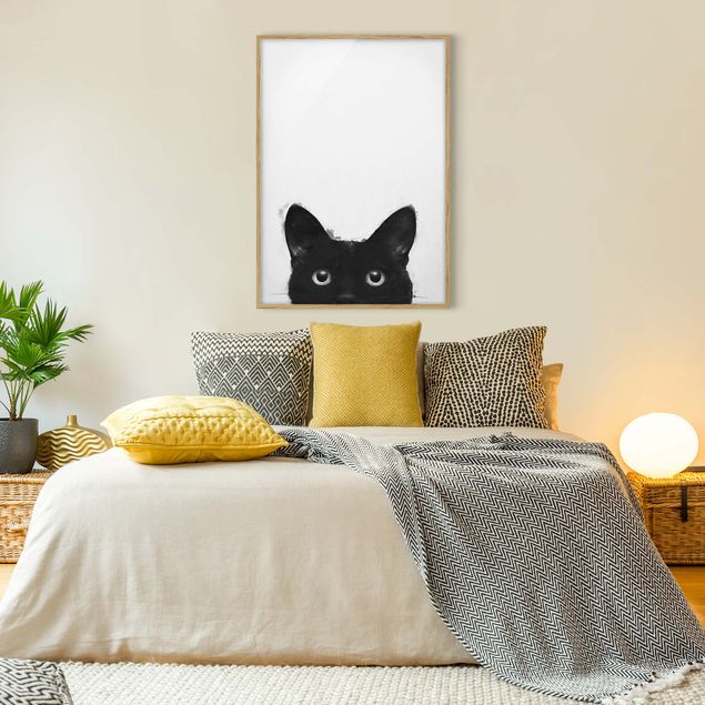 Gerahmte Kunstdrucke Illustration Schwarze Katze auf Weiß Malerei