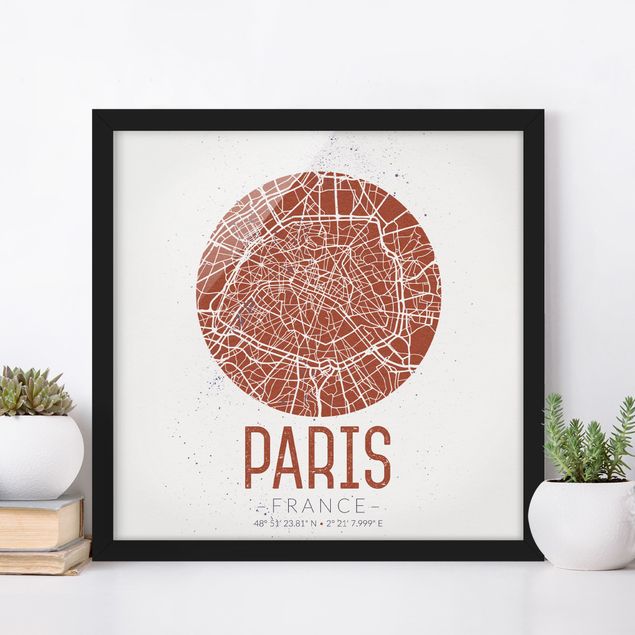 Schwarz-Weiß Bilder mit Rahmen Stadtplan Paris - Retro