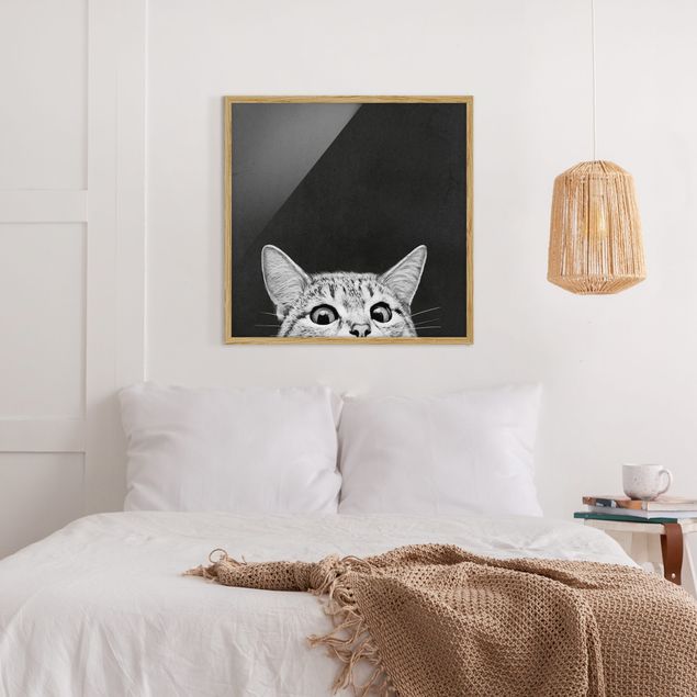 Gerahmte Kunstdrucke Illustration Katze Schwarz Weiß Zeichnung