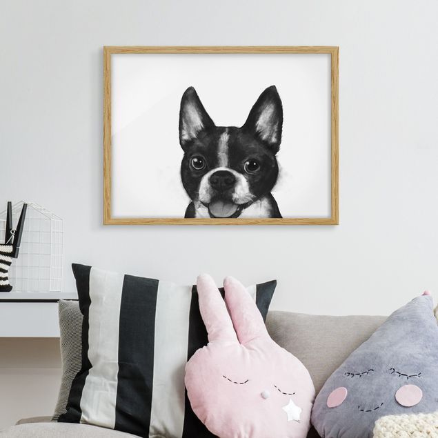 Gerahmte Bilder Schwarz-Weiß Illustration Hund Boston Schwarz Weiß Malerei