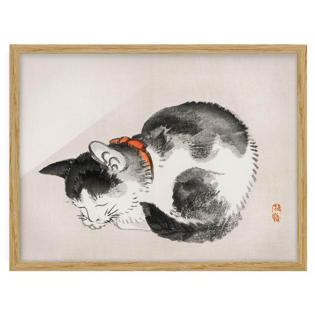 Wandbilder mit Rahmen Asiatische Vintage Zeichnung Schlafende Katze