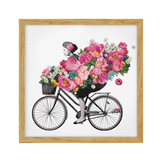 Gerahmte Bilder Illustration Frau auf Fahrrad Collage bunte Blumen