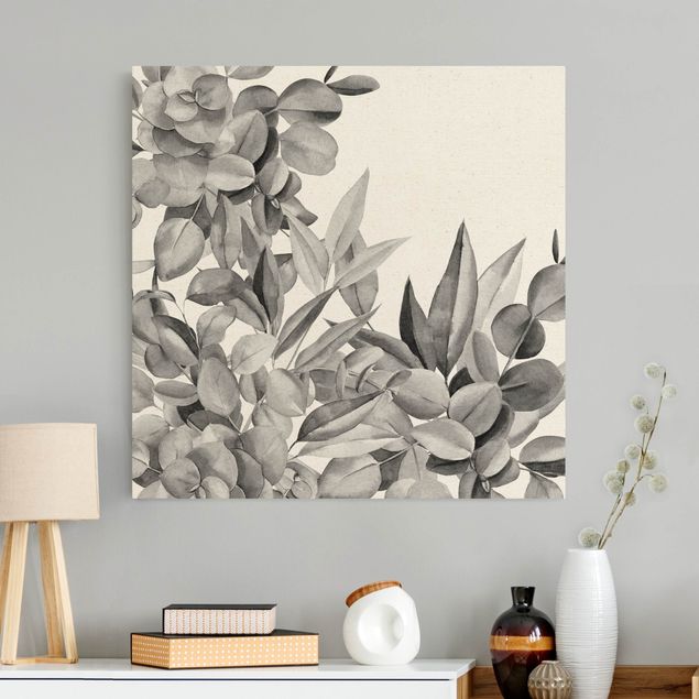 Leinwandbilder Blumen Dickicht Eukalyptusblätter Aquarell Schwarz