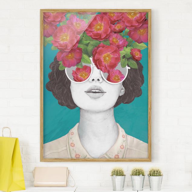 Kunstdruck Bilder mit Rahmen Illustration Portrait Frau Collage mit Blumen Brille