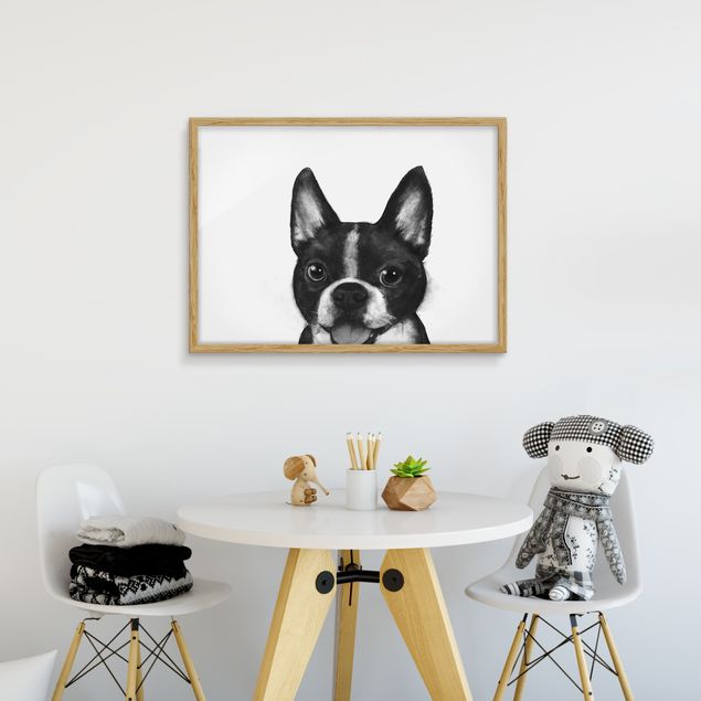 Kunstdruck Bilder mit Rahmen Illustration Hund Boston Schwarz Weiß Malerei