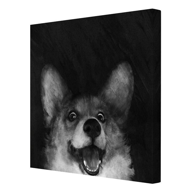 Leinwandbild - Illustration Hund Corgi Malerei Schwarz Weiß - Quadrat 1:1