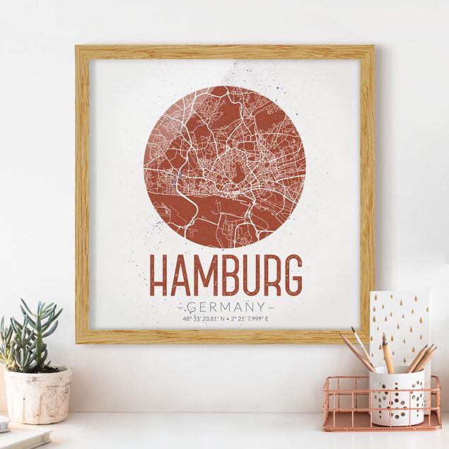 Bilder mit Rahmen Schwarz-Weiß Stadtplan Hamburg - Retro