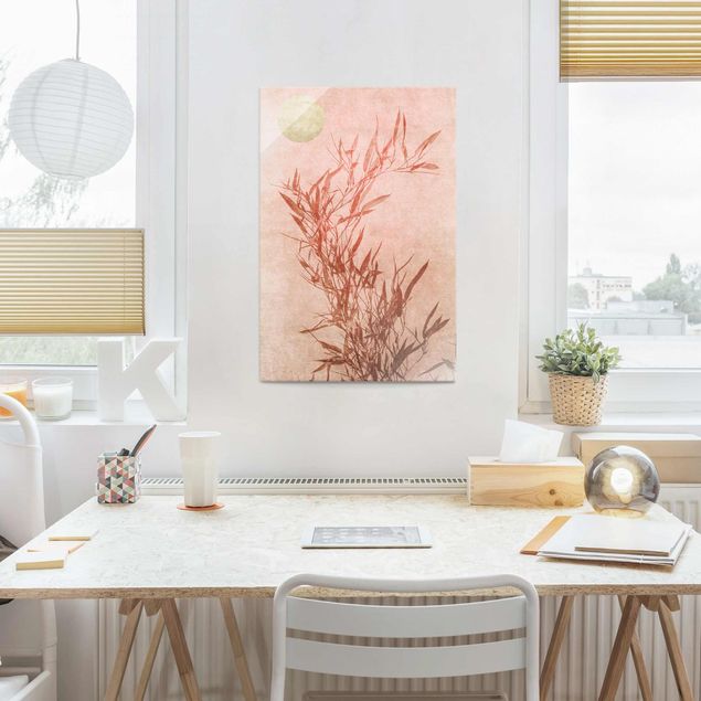 Glasbilder Natur Goldene Sonne mit Rosa Bambus