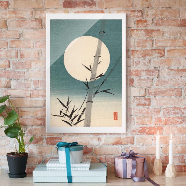 Wandbilder Glas XXL Japanische Zeichnung Bambus und Mond
