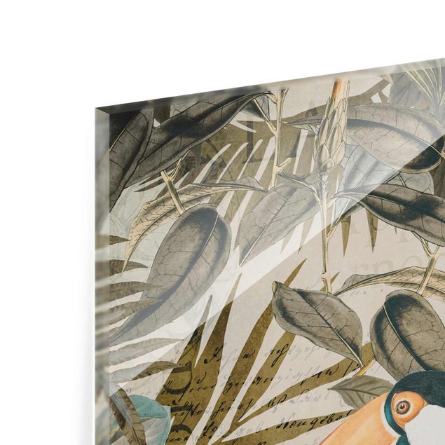 Glasbild - Vintage Collage - Tukan im Dschungel - Hochformat 4:3