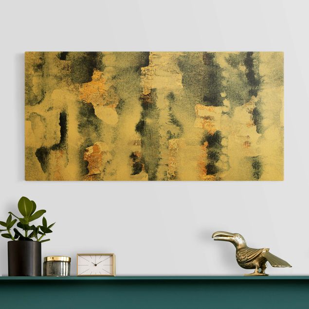 Leinwandbild Gold - Abstraktes Aquarell mit Gold - Querformat 2:1