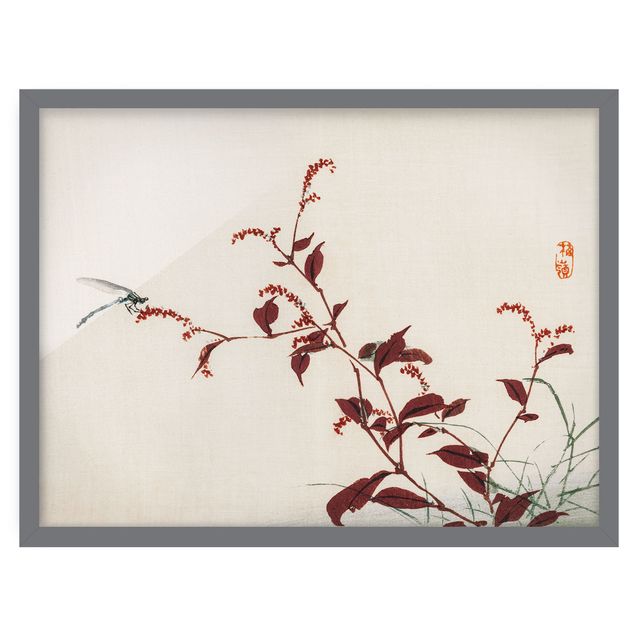 Schöne Wandbilder Asiatische Vintage Zeichnung Roter Zweig mit Libelle