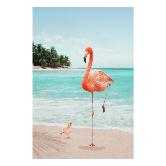 Glasbilder Pflanzen Strand mit Flamingo