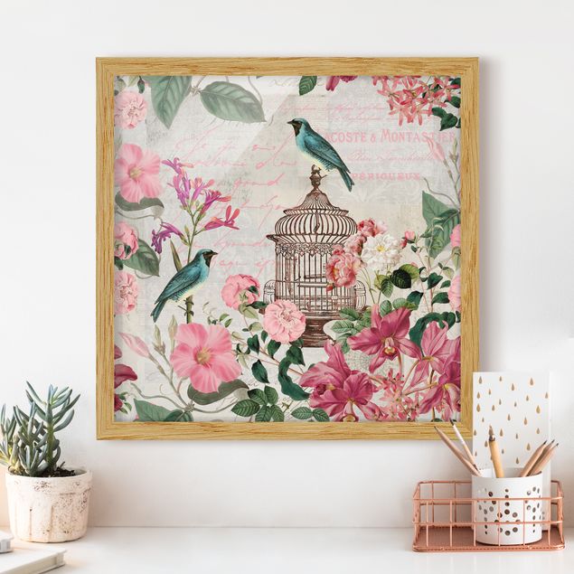 Wandbilder Tiere Shabby Chic Collage - Rosa Blüten und blaue Vögel