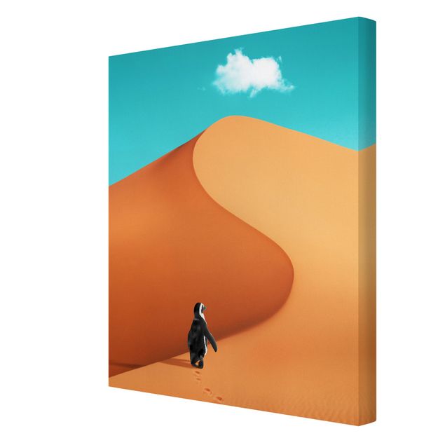 Leinwandbild Kunstdruck Wüste mit Pinguin