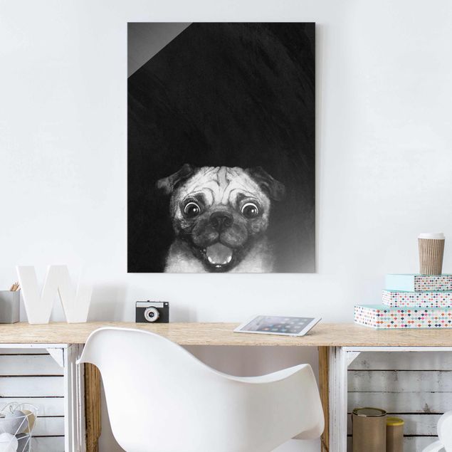 Wandbilder Tiere Illustration Hund Mops Malerei auf Schwarz Weiß